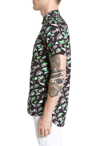 Longline Trim Fit Short Sleeve Print Woven Shirt