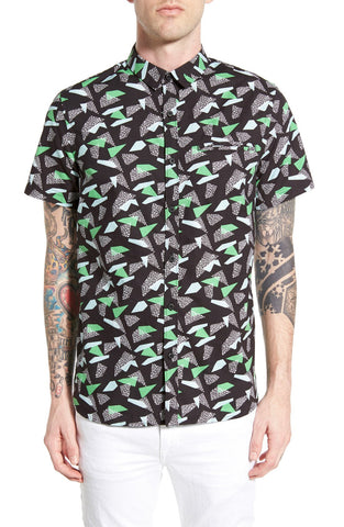 Longline Trim Fit Short Sleeve Print Woven Shirt