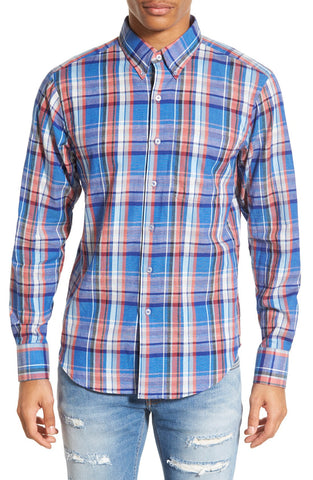 Trim Fit Cotton & Linen Madras Plaid Woven Shirt