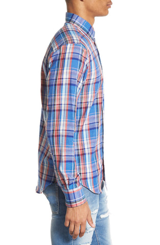 Trim Fit Cotton & Linen Madras Plaid Woven Shirt