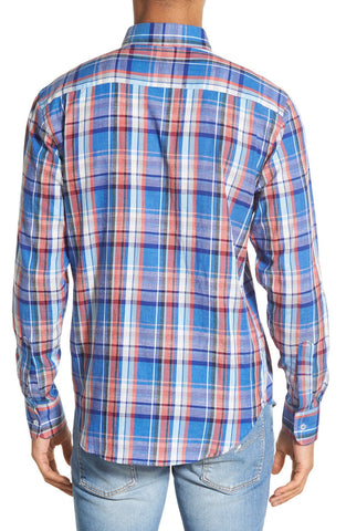 Trim Fit Cotton & Linen Madras Plaid Woven Shirt