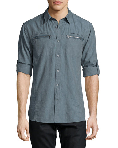 Double Zip-Pocket Woven Shirt, Blue