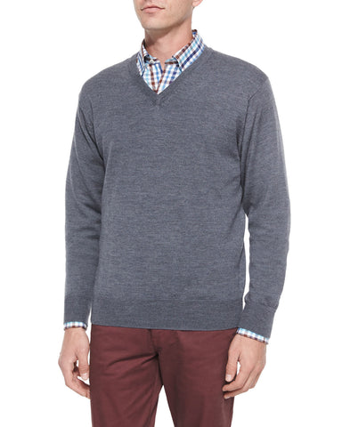 Merino Wool V-Neck Sweater, Charcoal