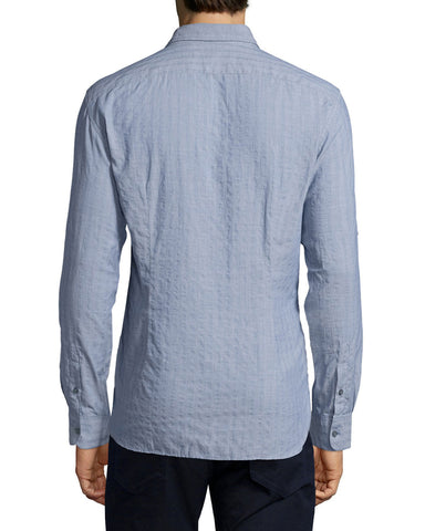 Tonal Stripe Roll-Tab Woven Shirt, Navy