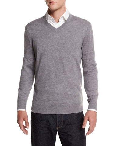 Cashmere-Silk V-Neck Sweater, Gray
